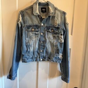 Almost‎ Famous Distressed Denim Jacket Women Blue Trucker Style Size S